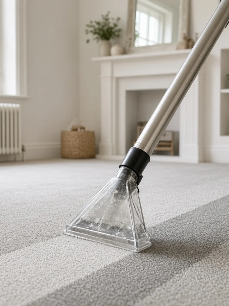 Carpet being cleaned with an extraction wand in a bright living room