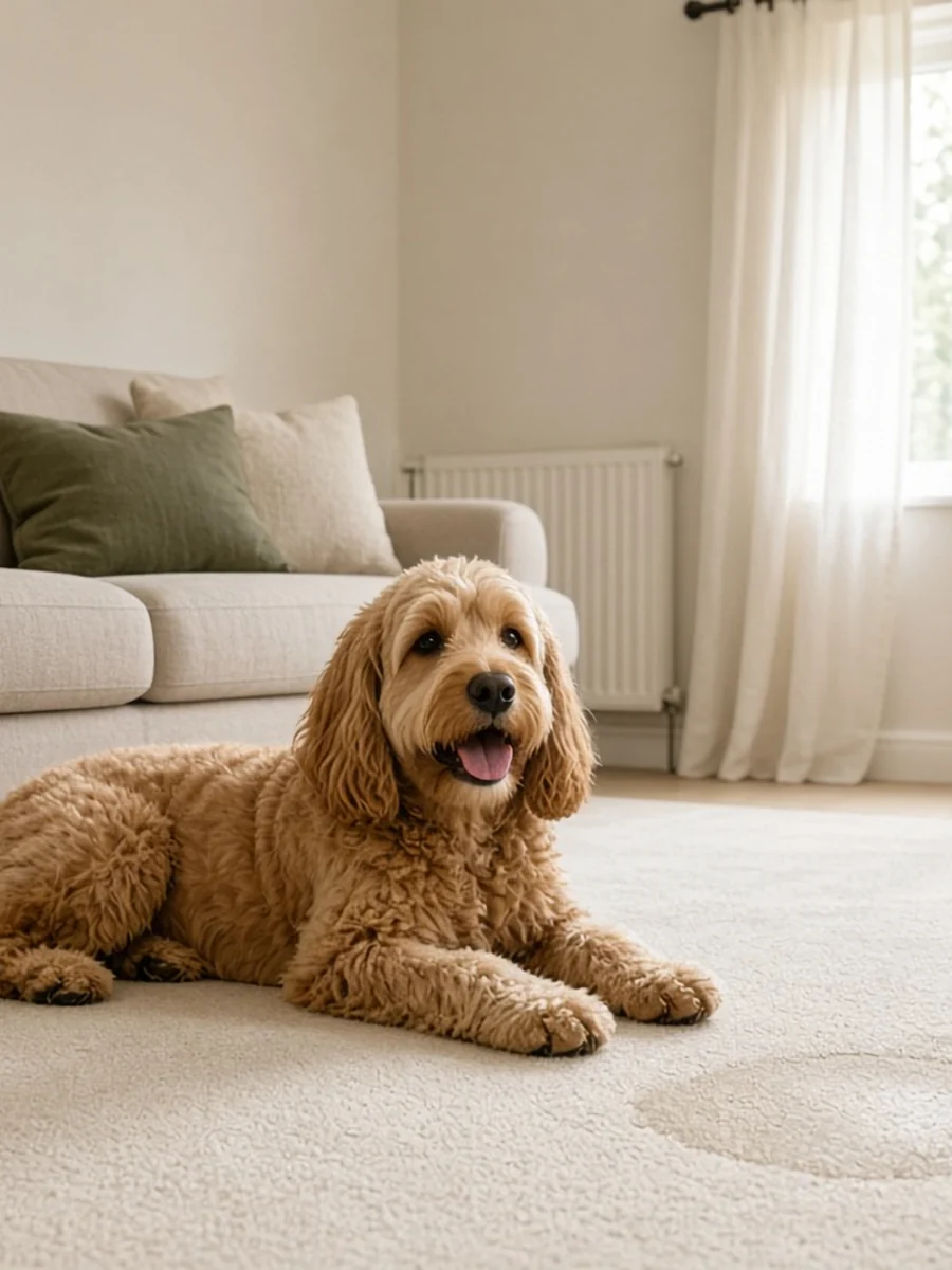 Fluffy tan dog resting on a light carpet beside a sofa