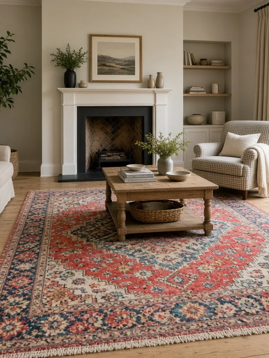 Patterned area rug in a living room with a fireplace and coffee table