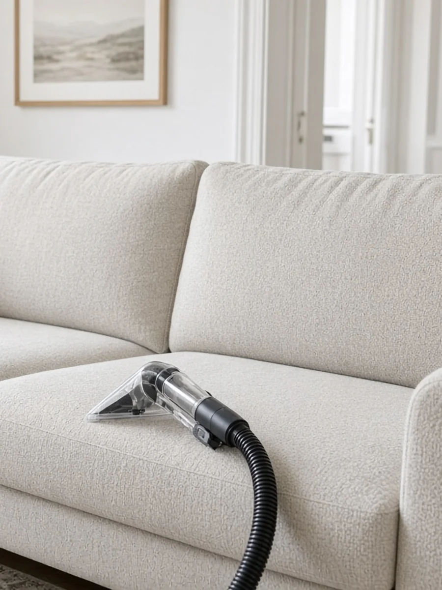 Cream sofa being deep cleaned with a handheld extraction tool